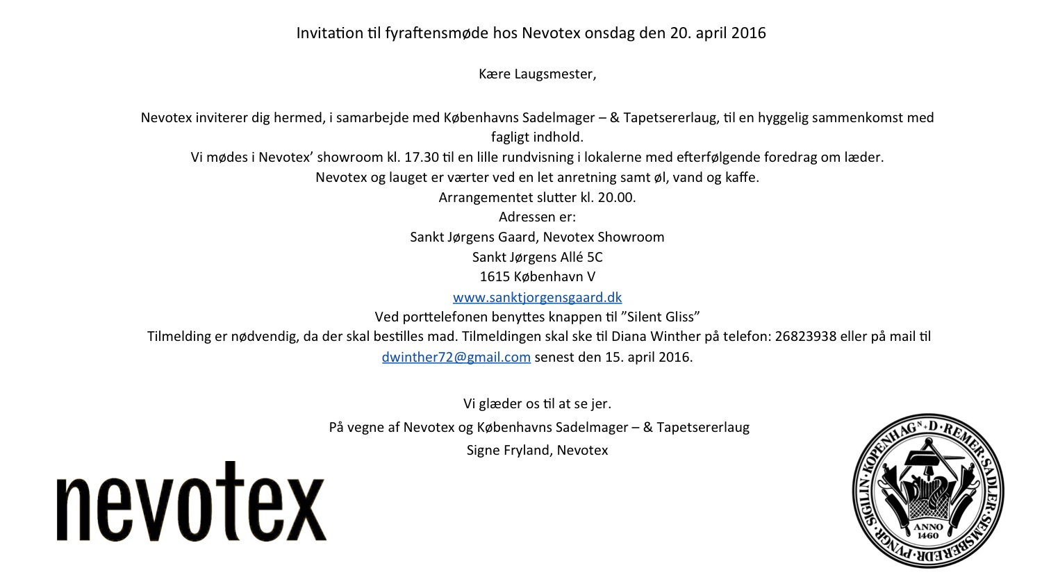 Invitation til fyr aftensmøde hos Nevotex onsdag den